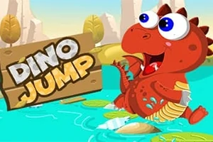 Kırmızı sevimli bir dinozor, su üzerinde zıplarken arka planda dağlar ve ağaçlar yer alıyor, yanında ise büyük harflerle Dino Jump yazısı bulunuyor
