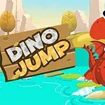 Kırmızı sevimli bir dinozor, su üzerinde zıplarken arka planda dağlar ve ağaçlar yer alıyor, yanında ise büyük harflerle Dino Jump yazısı bulunuyor