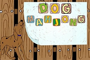 Ahşap zemin üzerine, renkli bloklar üzerinde DOG MAHJONG yazısı ve tasmalı bir köpek