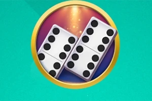 Yuvarlak altın çerçeve içinde üst üste iki domino taşı, yeşil bir arka plan üzerinde gösterilmektedir
