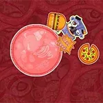 Kırmızı arka plan üzerinde hamburger, pizza, pembe simit ve büyük şeffaf pembe bir daire bulunan görsel