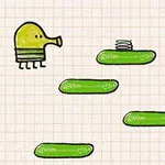 Yeşil platformlarda zıplayan, sarı ve uzun burunlu bir yaratık çizimi