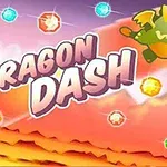 Yeşil kanatlı bir ejderha ve renkli mücevherlerin olduğu, Dragon Dash yazısının bulunduğu canlı bir arka plan