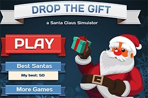 Noel Baba kılığındaki bir karakter, hediye kutusu tutarken; üzerinde PLAY yazılı büyük bir buton ve başka seçeneklerin yer aldığı renkli bir arayüz