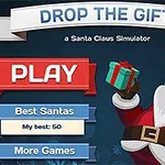 Noel Baba kılığındaki bir karakter, hediye kutusu tutarken; üzerinde PLAY yazılı büyük bir buton ve başka seçeneklerin yer aldığı renkli bir arayüz