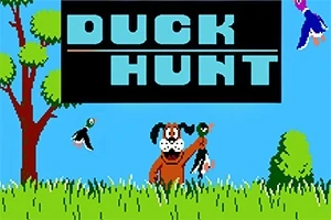 Çimlerin önünde, ağaçların yanında bir köpek, elinde ördeklerle duruyor ve gökyüzünde uçan ördekler var; üst kısımda DUCK HUNT yazısı bulunuyor