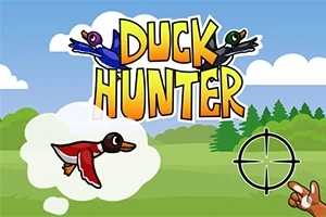 Gök ve bulutların önünde uçan ördekler, nişangah ve DUCK HUNTER yazısı yer alıyor