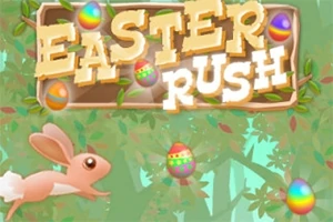 Bir tavşanın renkli Paskalya yumurtaları arasında zıpladığı ağaç dalları fonunda Easter Rush yazısı