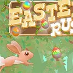 Bir tavşanın renkli Paskalya yumurtaları arasında zıpladığı ağaç dalları fonunda Easter Rush yazısı