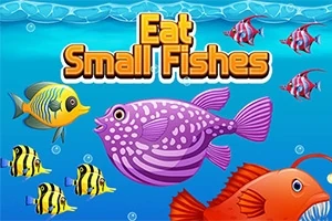 Mor balık ve çeşitli renkli balıklar denizde yüzüyor, üzerinde Eat Small Fishes yazısı bulunuyor