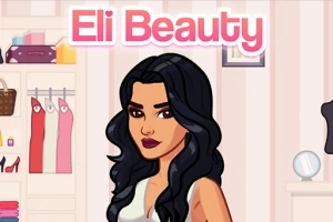 Koyu saçlı animasyon karakteri, elbise dolabında Eli Beauty yazısının altında duruyor
