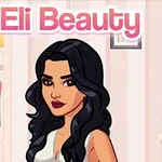 Koyu saçlı animasyon karakteri, elbise dolabında Eli Beauty yazısının altında duruyor