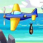 Deniz üzerinde uçan sarı ve mavi renkli bir uçak, bomba bırakırken yanında bir helikopter ile beraber resmedilmiştir