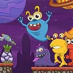 Yeşil ve mavi uzaylıların yer aldığı, arka planda gezegenlerin bulunduğu, renkli ve çizgi film tarzında bir manzara