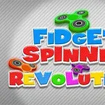 Renkli fidget spinner görselleri ve büyük renkli harflerle yazılmış Fidget Spinner Revolution yazısı