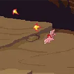 Pixel art tarzında bir mağara içinde küçük kırmızı bir ejderha ve etrafında ateş topu benzeri nesneler
