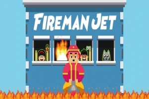 Piksel tarzı bir itfaiyeci, alevlerin önünde duruyor, arkasında Fireman Jet yazılı bir bina ve pencerelerden bakan karakterler bulunuyor