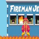 Piksel tarzı bir itfaiyeci, alevlerin önünde duruyor, arkasında Fireman Jet yazılı bir bina ve pencerelerden bakan karakterler bulunuyor