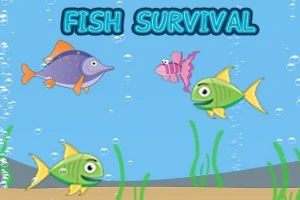 Deniz tabanında yüzen üç renkli balık ve üzerinde FISH SURVIVAL yazısı