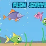 Deniz tabanında yüzen üç renkli balık ve üzerinde FISH SURVIVAL yazısı