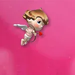 Pembe arka plan önünde ok atan küçük bir melek figürü