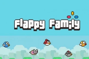 Piksel tarzı grafiklerle, mavi bir arka plan üzerinde Flappy Family yazısı ve değişik renklerde uçan kuşlar ile bir kedi figürü
