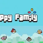 Piksel tarzı grafiklerle, mavi bir arka plan üzerinde Flappy Family yazısı ve değişik renklerde uçan kuşlar ile bir kedi figürü
