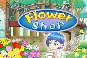 Peri kanatlı mavi saçlı bir karakter, çiçek dolu renkli bir bahçenin önünde Flower Shop tabelasının altında duruyor