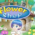 Peri kanatlı mavi saçlı bir karakter, çiçek dolu renkli bir bahçenin önünde Flower Shop tabelasının altında duruyor