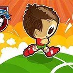 Kırmızı ve yeşil giysili karikatür bir futbolcu, topa doğru koşarken renkli bir arka plana sahip