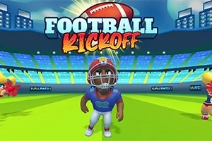 Kask takan bir Amerikan futbol oyuncusu, stadyumda Football Kickoff yazısının önünde duruyor