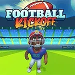 Kask takan bir Amerikan futbol oyuncusu, stadyumda Football Kickoff yazısının önünde duruyor