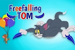 Mavi bir arka plan üzerinde, uçan balonlarla yükselen kahverengi bir fare ve tüylerle düşen gri bir kedi