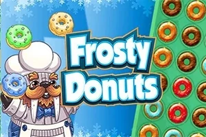 Kardan adam kıyafeti giymiş, elindeki donutlarla şef rolünde bir karakter ve çeşitli renklerde donutlar
