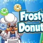 Kardan adam kıyafeti giymiş, elindeki donutlarla şef rolünde bir karakter ve çeşitli renklerde donutlar
