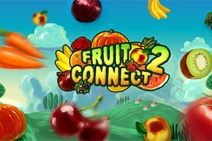 Renkli meyve ve sebzelerin uçuştuğu, bulutlu bir gökyüzüne karşı Fruit Connect 2 yazılı grafik kapak görseli