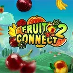 Renkli meyve ve sebzelerin uçuştuğu, bulutlu bir gökyüzüne karşı Fruit Connect 2 yazılı grafik kapak görseli