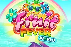 Renkli bir arka plan üzerinde meyve karakterleri ve Fruit Fever World metni