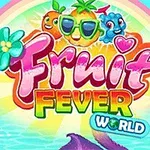 Renkli bir arka plan üzerinde meyve karakterleri ve Fruit Fever World metni