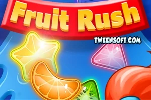 Renkli ve parlak meyve dilimleri ile Fruit Rush yazısı