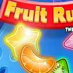 Renkli ve parlak meyve dilimleri ile Fruit Rush yazısı
