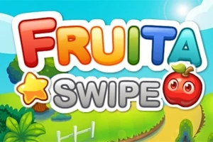 Renkli Fruita Swipe yazısı, arka planda bir doğa manzarası ve elma simgeleriyle birlikte