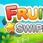 Renkli Fruita Swipe yazısı, arka planda bir doğa manzarası ve elma simgeleriyle birlikte