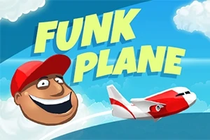 Kırmızı bir uçak, bulutlu gökyüzünde uçarken gülümseyen bir yüz ve büyük sarı harflerle Funk Plane ifadesi