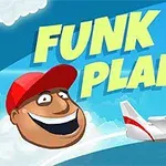 Kırmızı bir uçak, bulutlu gökyüzünde uçarken gülümseyen bir yüz ve büyük sarı harflerle Funk Plane ifadesi