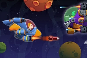 Uzayda, bir astronotun mavi bir uzay aracında yol aldığı ve karşısında yeşil kafalı bir uzaylının bulunduğu bir sahne