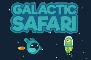 Galactic Safari yazısı, uzay temalı grafikleriyle karanlık bir arka plan üzerinde bir karakter ve uzay mekiği