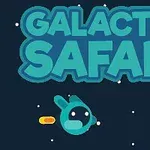 Galactic Safari yazısı, uzay temalı grafikleriyle karanlık bir arka plan üzerinde bir karakter ve uzay mekiği