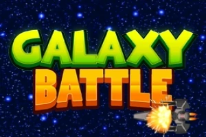 Yıldızlı mavi bir arka plan üzerinde yeşil ve turuncu harflerle GALAXY BATTLE yazısı, sağ altta patlama efektiyle gösterilen bir uzay gemisi