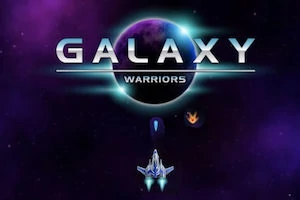 Uzay temalı bir arka plan üzerinde parlak ışık saçan bir gezegen, GALAXY WARRIORS yazısı ve alt kısmında bir uzay aracı